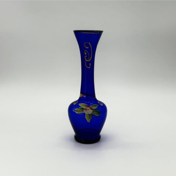 Vintage Bohemian Cobalt Blue Bud Vase Gold Gilt, Hand Painted 8" tall - Picture 7 of 11